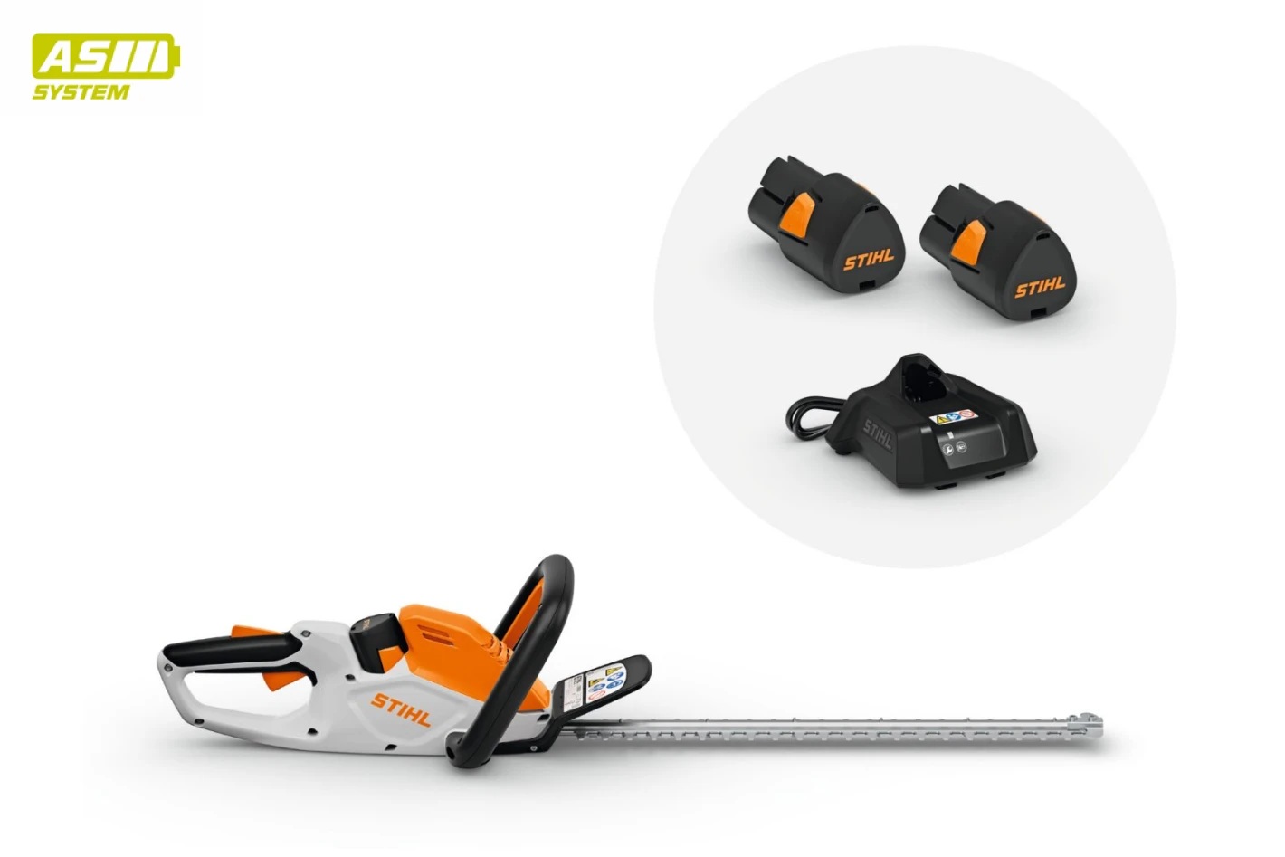 STIHL HSA 40 akkumulátoros sövénynyíró 2x AS 2 típusú akkumulátorral és 1x AS1 töltővel